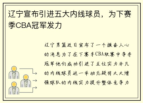 辽宁宣布引进五大内线球员，为下赛季CBA冠军发力