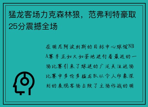 猛龙客场力克森林狼，范弗利特豪取25分震撼全场