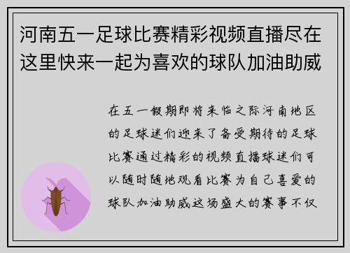 河南五一足球比赛精彩视频直播尽在这里快来一起为喜欢的球队加油助威